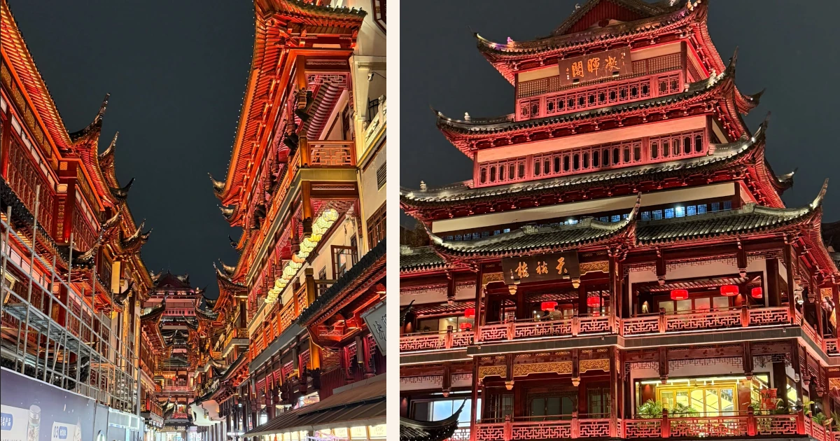 Illuminierte Gebäude mit traditioneller chinesischer Architektur, belebte Straßen und unzählige Eindrücke.