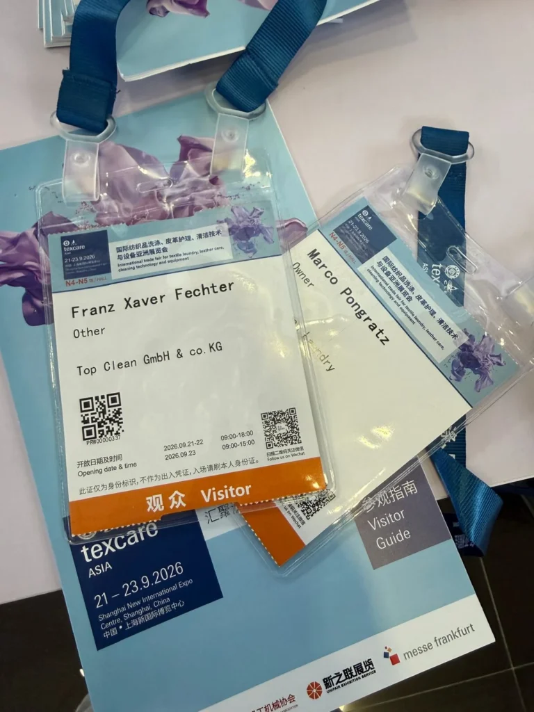 Besucherausweise von Top Clean für die Texcare Asia & China Laundry Expo 2026 in Shanghai
